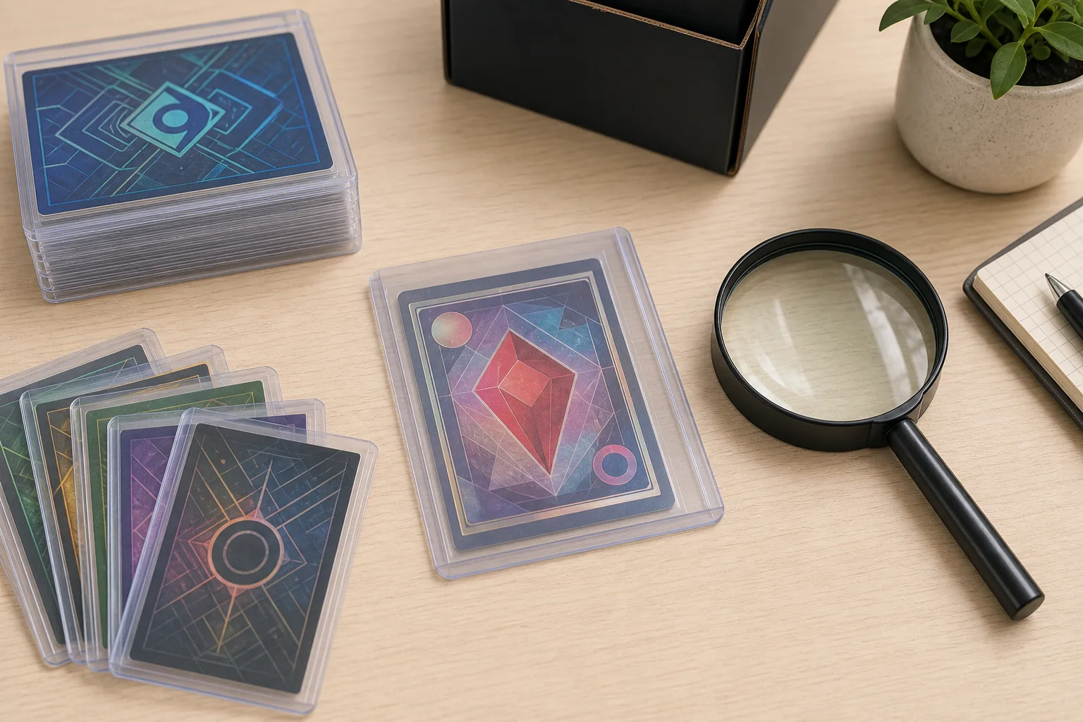 Cartas colecionáveis genéricas em sleeves e toploader ao lado de uma lupa