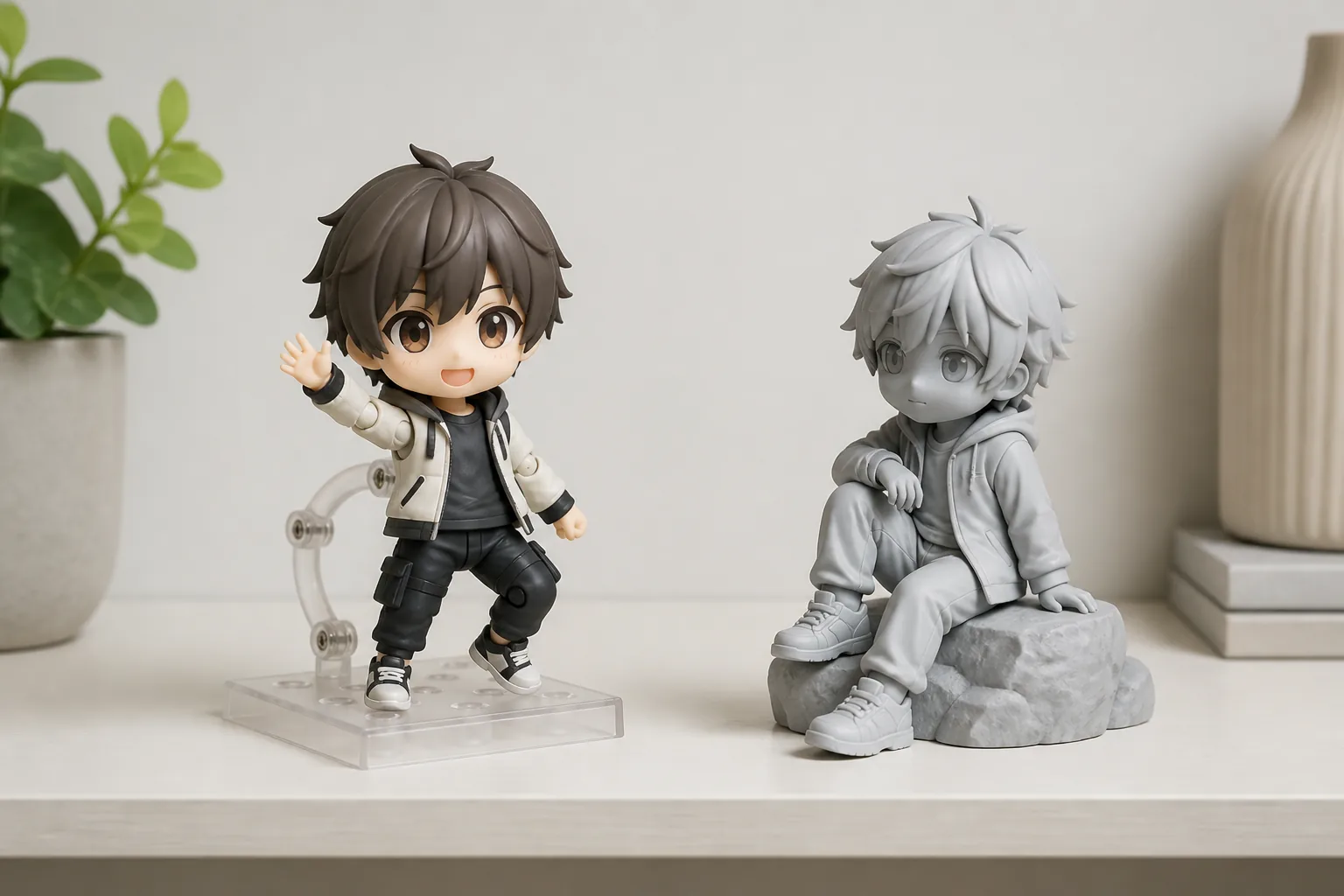 Colecionável chibi articulado ao lado de uma figure estática em uma prateleira neutra
